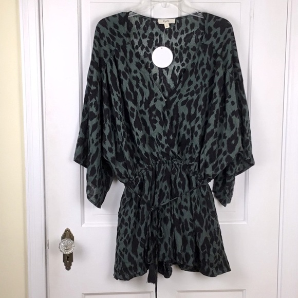 KYE MI Animal Print Romper Boho Flowy Black Olive Size L NWT - Picture 1 of 6